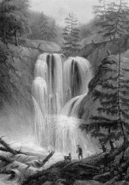 A Waterfall Oil Painting by George Willem Opdenhoff