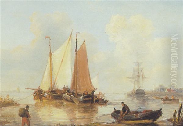 Sailing Vessels Near The Coast Oil Painting by George Willem Opdenhoff