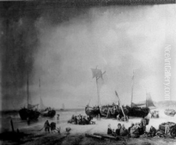 A Coastal Scene With Fisherfolk And Beached Boats Oil Painting by George Willem Opdenhoff