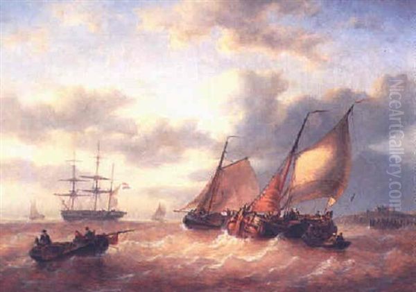 Sailing Vessels On A Choppy Sea Oil Painting by George Willem Opdenhoff