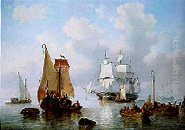 A Three-master At Anchor And Other Shipping In An Estuary Oil Painting by George Willem Opdenhoff