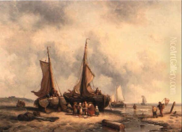 Return Of The Fishermen Oil Painting by George Willem Opdenhoff