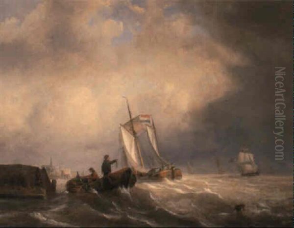 Fishermen Off The Shore Oil Painting by George Willem Opdenhoff