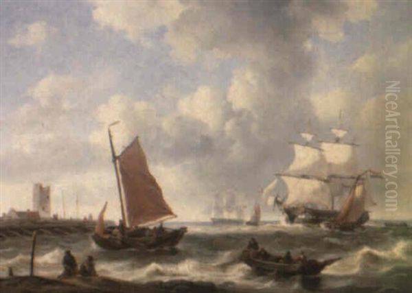 Shipping On An Estuary Oil Painting by George Willem Opdenhoff