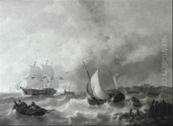 A Smalschip Tacking The Coast In A Stiff Breeze Oil Painting by George Willem Opdenhoff