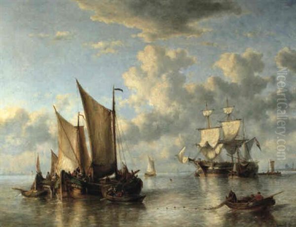 Zeilboten Op Een Kalme Zee by George Willem Opdenhoff