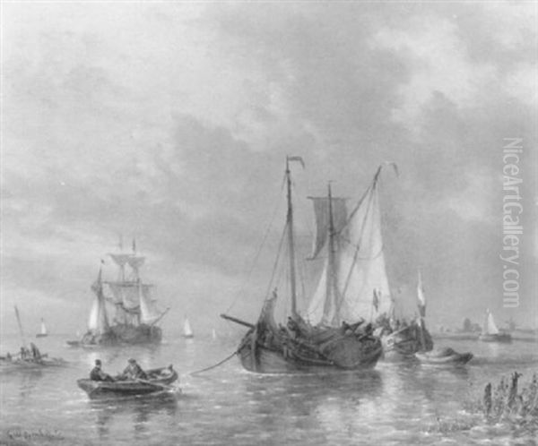 A View Of A Riverestuary With Sailors In A Rowing-boat      Approaching Fishing-smacks At Anchor, Other Shipping Beyond Oil Painting by George Willem Opdenhoff