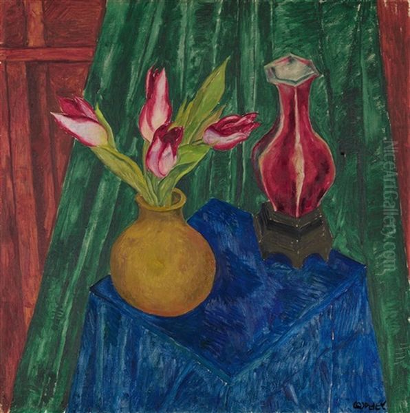 Tulpen-stillleben Mit Gelber Und Roter Vase Oil Painting by Walter Ophey