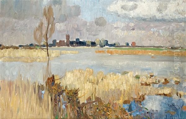 Flood Along The Rhine Oil Painting by Walter Ophey