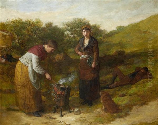 Travellers Around A Camp Fire Oil Painting by Edward Opie