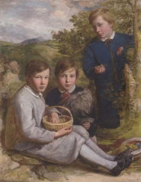 Portrait Of The Baxter Brothers Of Bedford Gathering Chestnuts With Their Dog Oil Painting by Edward Opie