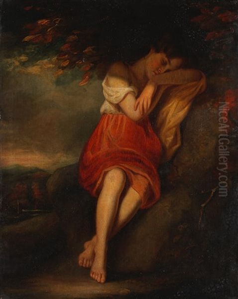 A Girl Slumbering Under A Tree In A Landscape Oil Painting by John Opie