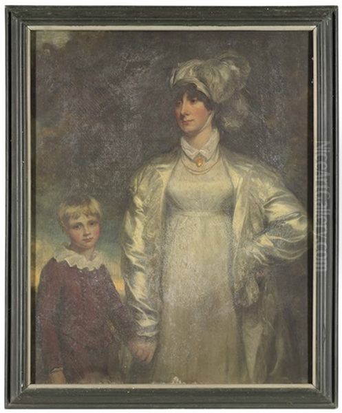 Portrait Of A Lady And Her Son, The Former Three-quarter Length, In A White Dress Oil Painting by John Opie