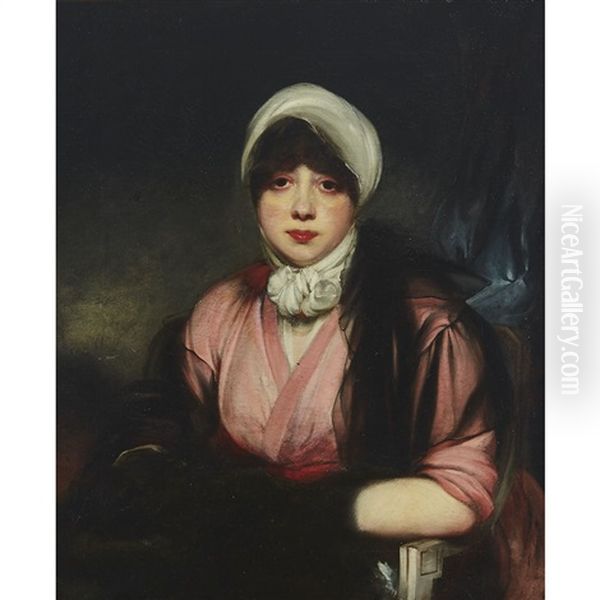 Miss Cooper (full Face, Dark Hair With White Headdress Seated Three-quarter Length In A Chair Wearing A Pink Dress With Black Veil Draped Over Her Left Shoulder And Right Arm, A Landscape Beyond With A Blue Curtain At Right) Oil Painting by John Opie