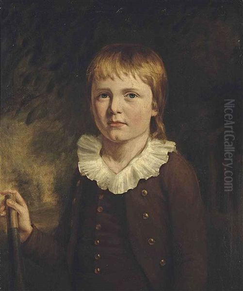 Portrait Of A Young Boy, Three-quarter-length, In A Brown Coat With A White Collar, His Right Hand On A Cricket Bat, In A Landscape Oil Painting by John Opie