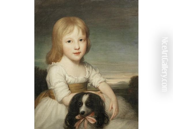 Portrait Of Jane Sarah Susannah Westcott (1790-1834) Aged Three, In A White Dress Seated In A Landscape With Her Pet Spaniel Oil Painting by John Opie