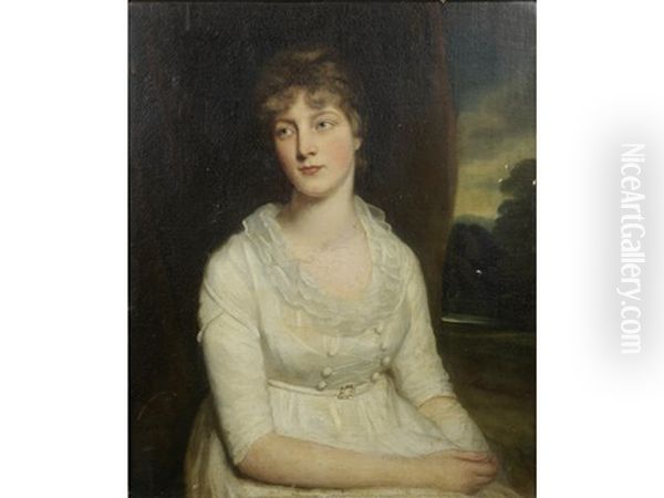 Portrait Of Lady Dickson, Half-length, In A White Dress Seated Before A Landscape Oil Painting by John Opie