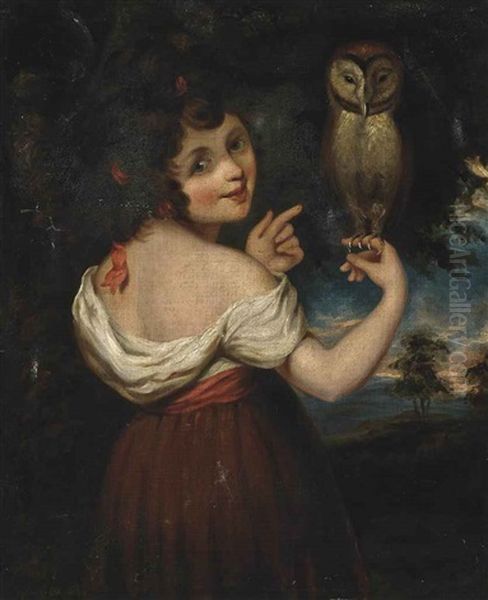 A Girl, Possibly Athena, In A White Chemise And Red Dress Holding An Owl, In A Landscape Oil Painting by John Opie