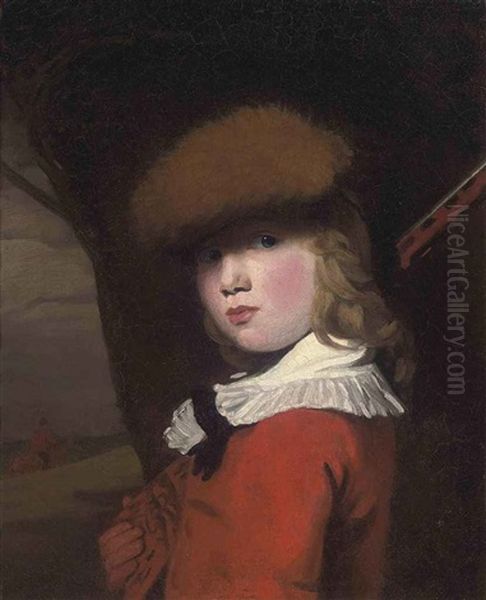 Portrait Of A Boy In A Red Coat With A White Collar And A Fur Hat, Holding A Gun, In A Landscape Oil Painting by John Opie