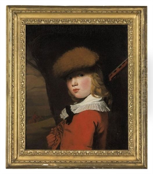 Portrait Of A Boy In A Red Coat With A White Collar And A Fur Hat, Holding A Gun, In A Landscape Oil Painting by John Opie