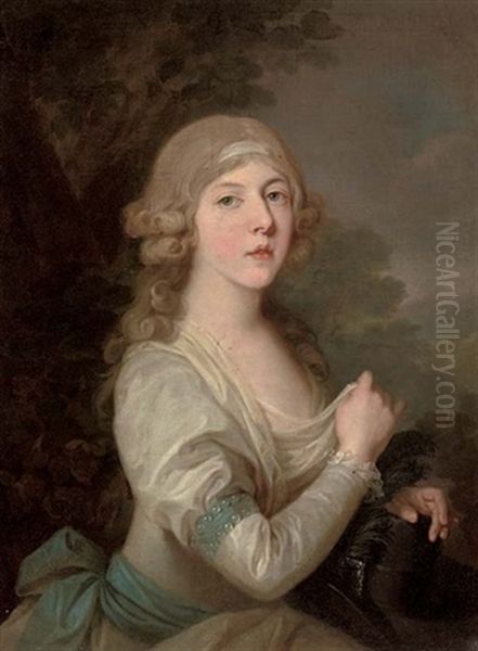 Portrait Of A Lady In A White Dress With Blue Trim And A Blue Sash, In A Landscape Oil Painting by John Opie