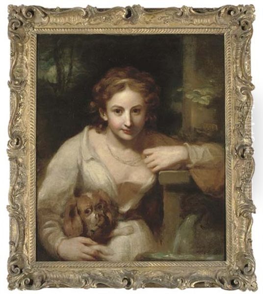 Portrait Of A Lady Traditionally Identified As Miss Fordyce, Half-length, In A White Dress, By A Fountain, Holding A King Charles Spaniel, In A Landscape Oil Painting by John Opie