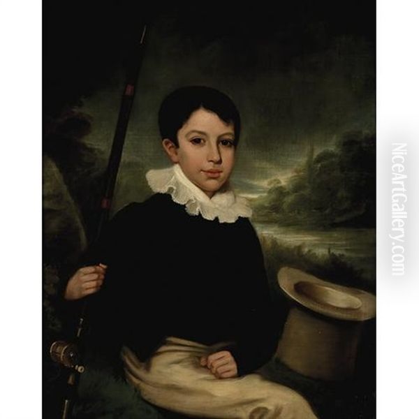 A Portrait Of A Young Boy With A Fishing Rod And A River Beyond Oil Painting by John Opie