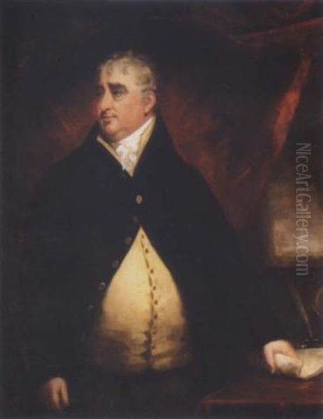 Portrait Of The Hon. Charles James Fox, M.p. Wearing A Blue Coat And A Yellow Waistcoat, Holding Some Papers In His Left Hand Oil Painting by John Opie