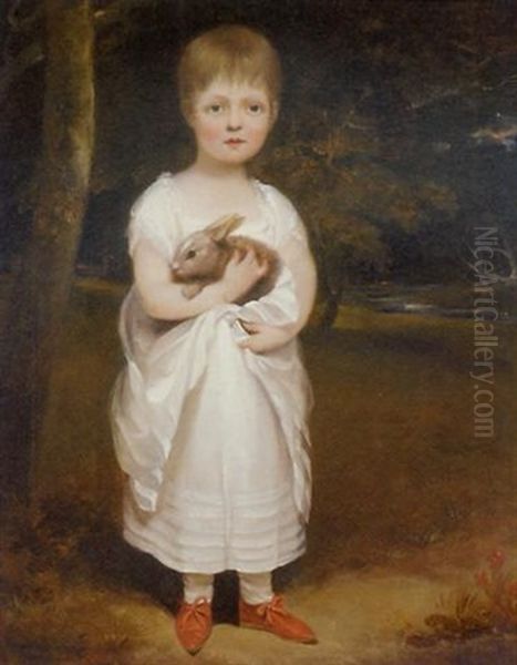 Portrait Of Ann Campen, Of Bristol, Holding A Rabbit, In A White Dress And Red Shoes, In A Wooded Landscape Oil Painting by John Opie