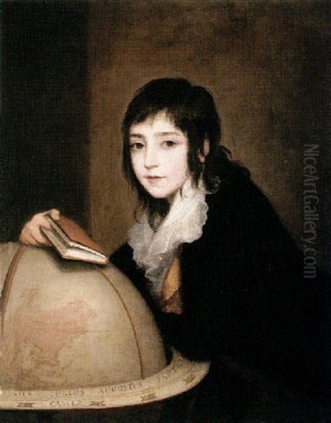 Portrait Of A Boy, (the Young Sir Joseph Banks?) Wearing A Black Coat, Holding A Book, Leaning On A Globe Oil Painting by John Opie