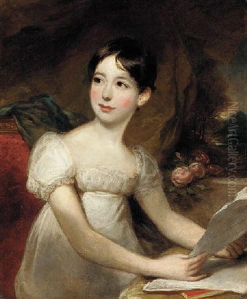 Portrait Of A Young Lady In A White Dress Holding A Letter Before A Curtain, A Landscape Beyond Oil Painting by John Opie