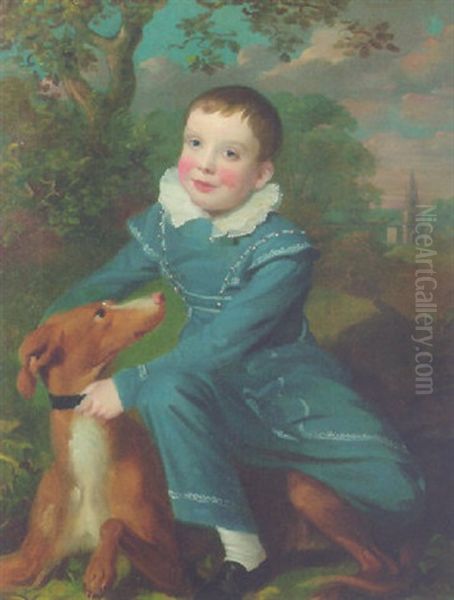 Portrait Of A Boy In A Blue Suit, A Dog Beside Him, In A Wooded Landscape, A Classical Church Beyond Oil Painting by John Opie