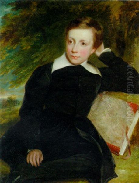 Portrait Of A Boy, In Van Dyckian Costume, With A Book In A Landscape Oil Painting by John Opie