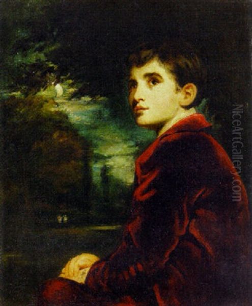 Portrait Of A Young Gentleman In A Red Velvet Jacket, A Moonlit Landscape Beyond Oil Painting by John Opie