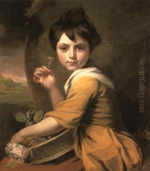 Portrait Of Miss Jesse Rolls, Holding A Basket Of Flowers Oil Painting by John Opie