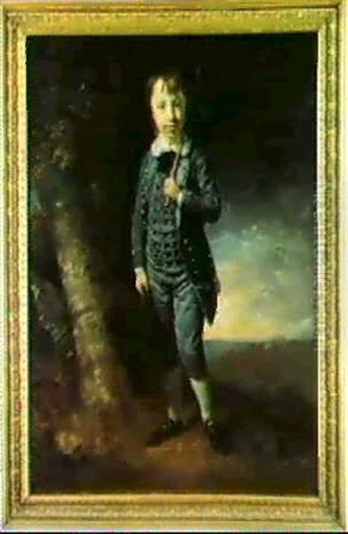 Portrait Of A Boy, Standing Full Length, Wearing A Grey     Suit With Silver Buttons And Holding A Bamboo Cane Oil Painting by John Opie