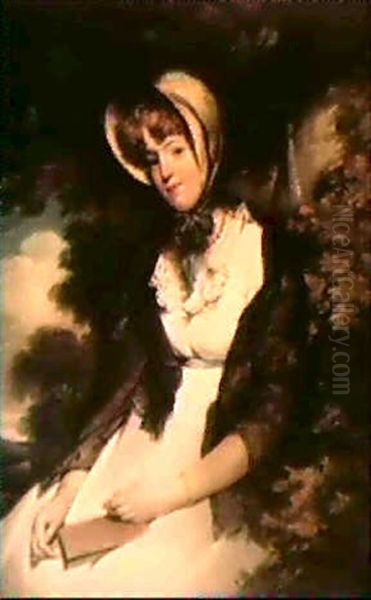 Portrait Of Miss Douglas Wilton, Seated In A Park Landscape Holding A Book, Wearing A Bonnet And Lace Shawl Oil Painting by John Opie