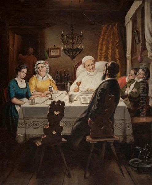 Family Seated Around The Table Oil Painting by Moritz Daniel Oppenheim