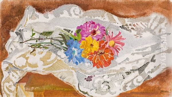 Still Life With Flowers And Lace Doily Oil Painting by Max (Mopp) Oppenheimer