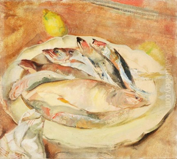 Stilleben Mit Fischen Und Zitrone Oil Painting by Max (Mopp) Oppenheimer