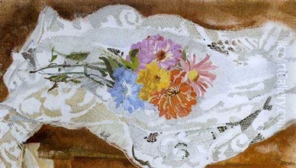 Flowers On A Lace Cloth Oil Painting by Max (Mopp) Oppenheimer