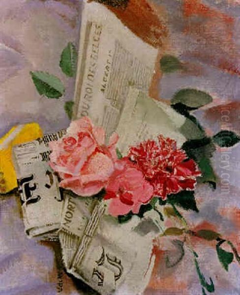 Stilleben Mit Blumen Und Zeitung Oil Painting by Max (Mopp) Oppenheimer