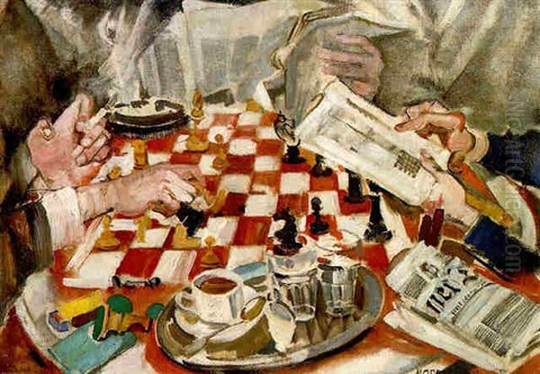 A Game Of Chess Oil Painting by Max (Mopp) Oppenheimer