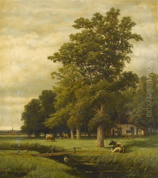 Idyllische Sommerlandschaft Mit Weidenden Kuhen Oil Painting by Willem Johannes Oppenoorth