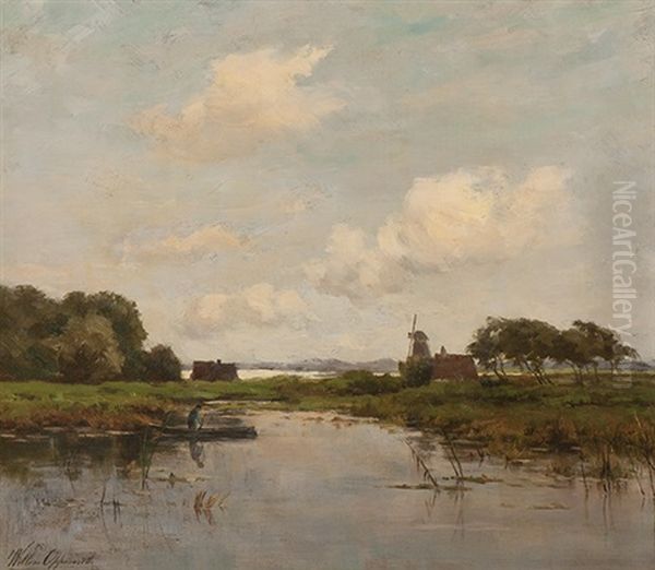 Angler In His Flat Boat On A Canal Oil Painting by Willem Johannes Oppenoorth