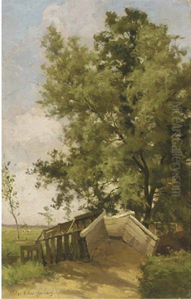 A Bridge In A Polder Landscape (+ 1 Other; 2 Works) Oil Painting by Willem Johannes Oppenoorth