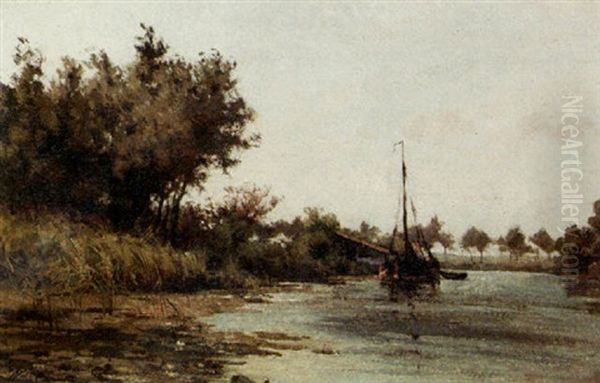 Sailingboat Moored In A Canal Oil Painting by Willem Johannes Oppenoorth