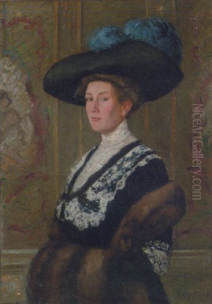 Portrait Of A Lady In A Black Dress With Lace Trim And A Black Hat Oil Painting by Ernst Oppler