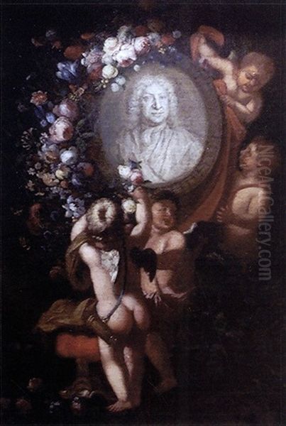 Portrait D'homme En Medallion Entoure A Guirlandes De Fleurs Et De Putti Oil Painting by Kaspard Jacob Opstal the Elder