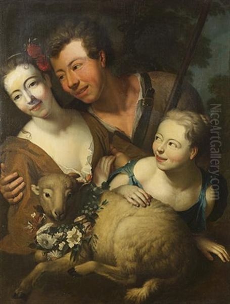 A Huntsman And His Family With A Sheep And A Garland Of Flowers Oil Painting by Kaspard Jacob Opstal the Elder